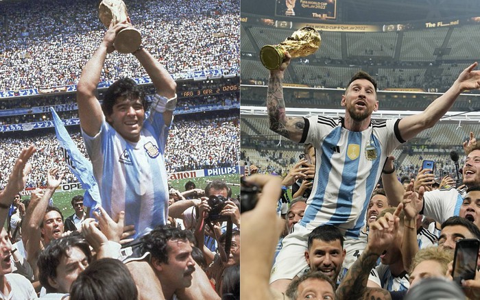 Messi đang lặp lại hình ảnh ăn mừng vô địch World Cup giống huyền thoại Maradona năm 1986