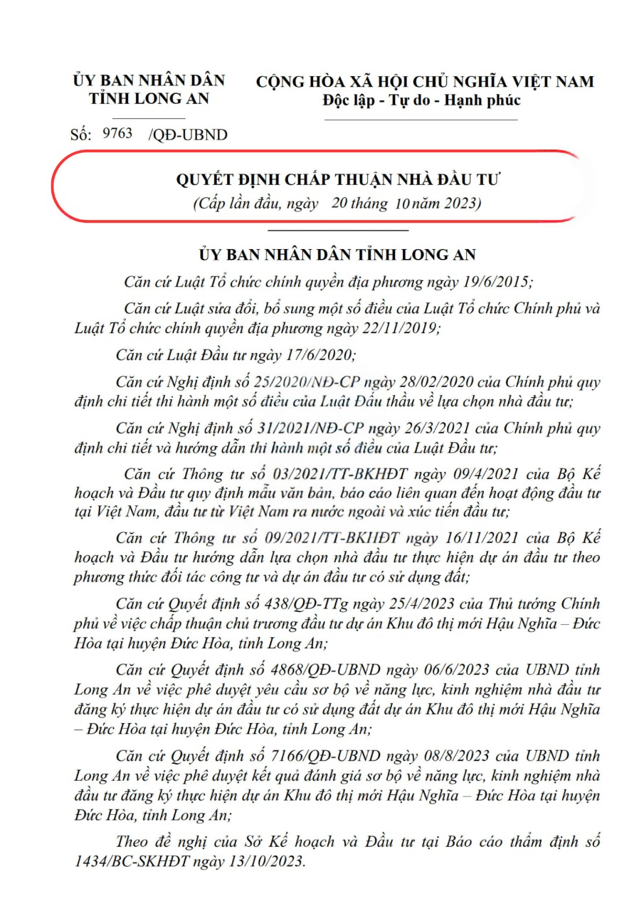 quyet dinh chap thuan nha dau tu vinhomes long an